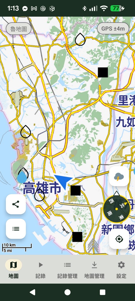 追追地圖頁面登山羅盤，顯示即時朝向與GPS定位精準度
